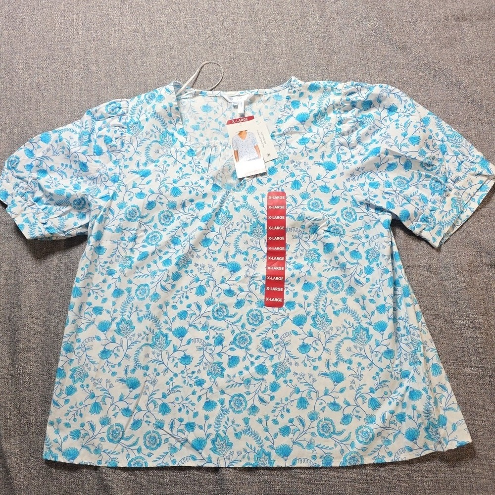 NEW!! Draper James Women's Short Puff Sleeve Heidi V Neck Top, Sz XL, Paisley